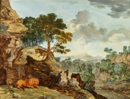 796.  CÍRCULO DE PEDRO ONOFRE COTTO (Palma de Mallorca, 1669- Madrid, 1713)Vista de un paisaje con leopardo y león