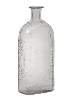 765.  Frasca de vidrio transparente soplado a molde con decoración tallada.La Granja, periodo clasicista (1787-1810).