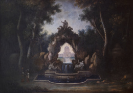 433.  ESCUELA MADRILEÑA, SIGLO XVIIVista de un parque con fuente y figuras