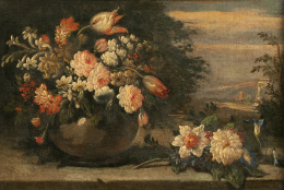 820.  ESCUELA ESPAÑOLA, SIGLO XVIIIJarrón de flores sobre un paisaje