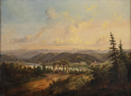 1229.  ANTONIO DE BRUGADA (Madrid, 1804 - San Sebastián, 1863)Vista de paisaje alpino con aldea y casa de campo, en primer término figuras bajo una pérgola