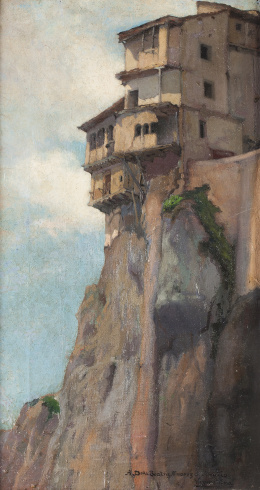522.  VIRGILIO VERA  (Cuenca, 1900 - Madrid, 1942)Las casas Colgadas de Cuenca, vista desde el camino de subida al pasadizo de San Pablo