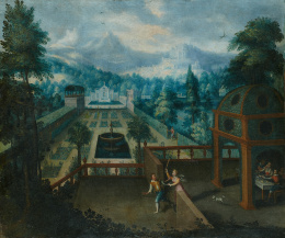 758.  CÍRCULO DE LODOVICO TOEPUT, LLAMADO POZZOSERRATO. (Escuela flamenca, pp. S. XVII)Vista de un jardín con escena bíblica.