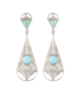 160.  Pendientes largos de brillantes y turquesas estilo Art-Decó, con diseño de gotas articualdas
