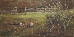 860.  MANUEL RAMOS ARTAL (Madrid, finales del siglo XIX y principios del XX)Paisaje con niños