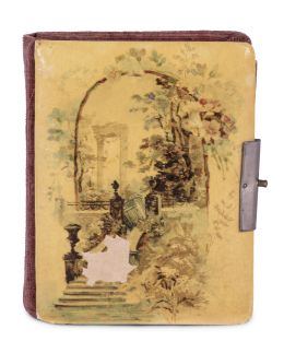 1182.  Álbum con encuadernación forrada en tela y pasta con paisaje pintado con 18 fotos en el interior.Segunda mitad del S. XIX.