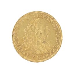 332.  Moneda de 8 escudos de Fernando VI en oro. 1751. Lima. LM
