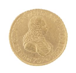 337.  Moneda de 8 escudos de Fernando VI en oro. 1757 . Nuevo Reino. J