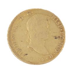 326.  Moneda de 8 escudos de Fernando VII 1824 en oro. Cuzco. G.