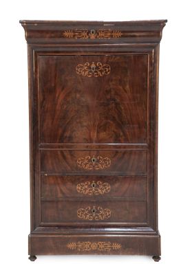 708.  Bureau reina gobernadora de madera de palma de caoba, caoba y marquetería de limoncillo.Trabajo español, segundo cuarto del S. XIX.