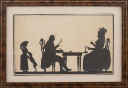 788.  ESCUELA CENTROEUROPEA, FF. SIGLO XVII- PP. SIGLO XIXFamilia en un salón; caballero escribiendo, dama cosiendo e hija jugando con un perro