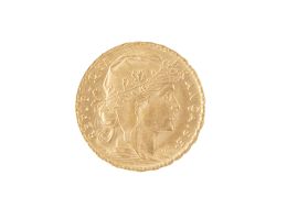 442.  Moneda de 20 francos de la República francesa en oro. 1908