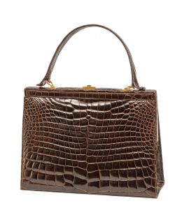 453.  Bolso vintage de piel de cocodrilo con asa, color marrón oscuro brillante 