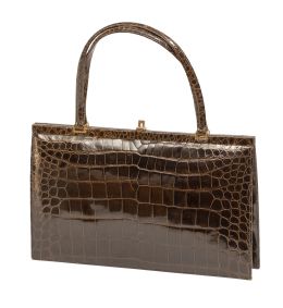 448.  Bolso vintage de piel de cocodrilo marrón brillante, con dos asas finas 