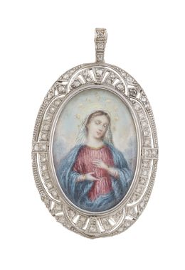 99.  Colgante oval Art-Decó, con miniatura de Virgen en marco de diamantes con decoración calada