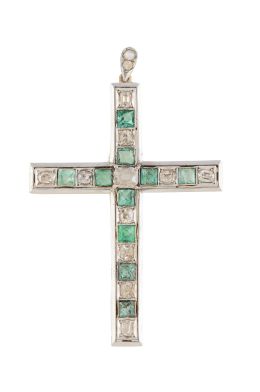 104.  Cruz colgante Art- Decó de brillantes de talla antigua y esmeraldas talla cuadrada