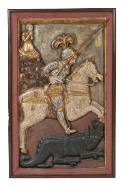 516.  San Jorge y el dragón.Bajo relieve de madera tallada y dorada, corleada y policromada.Trabajo español, S. XVII.