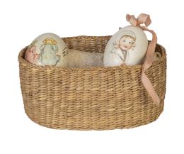 1309.  Cestito con dos huevos de Pascua, uno con retrato infantil y cinta rosa.Fechado 1906, trabajo estadounidense.