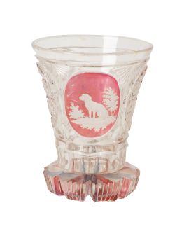 1379.  Vaso de cristal transparente y rosa tallado y grabado.Bohemia, h. 1840.