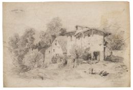 867.  MANUEL SALCES GUTIÉRREZ (Suano, Cantabria, 1861-Madrid, 1932)Paisaje con casas y campesinas