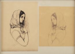 861.  MANUEL USELL DE GUIMBARDA (Trinidad (Cuba), 1833 - Cartagena,1907)Pareja de retratos de una joven con pañuelo