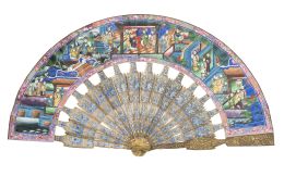 1206.  Abanico "mil caras" con varillaje y padrones de metal, plata y esmalte con país de papel pintado.China, mediados del S. XIX.