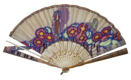 674.  Abanico con país de tela pintada con dama y flores.h. 1920-1930.
