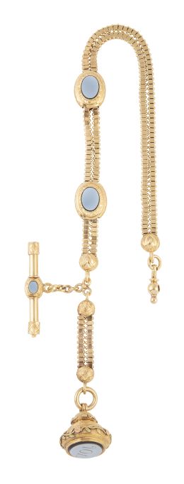 429.  Leontina francesa c. 1800 con sello y llave de reloj colgantes 