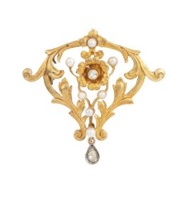 68.  Broche Art-Nouveau con motivos vegetales, flor central con centro de brillantes, decoración de perlitas, con brillante talla pera colgante
