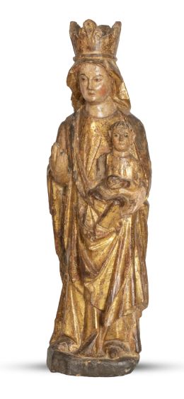 1119.  Virgen gótica con el Niño de madera tallada, estofada y policromada.Trabajo catalán, S. XIV.