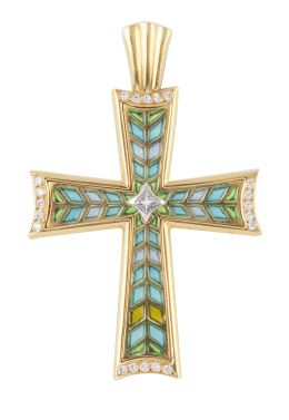 178.  Cruz colgante de brillantes y esmalte plique a jour verde en celosía calada 