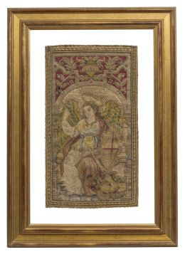 523.  San Miguel.Bordado de casulla en hilo de color, hilos dorados e hilos entorchados.España, S. XVI.