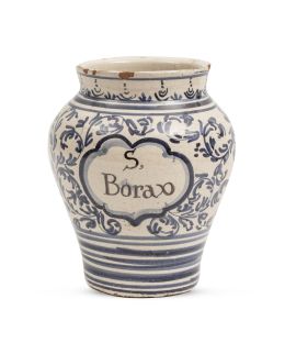 1006.  Orza de farmacia de cerámica esmaltada en azul de cobalto.Cataluña S. XVIII