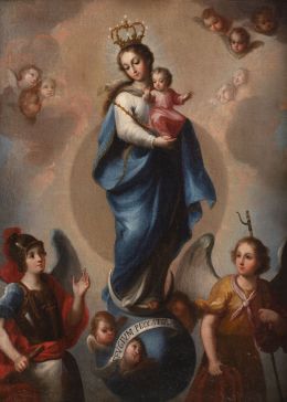 822.  JOSE IBARRA (Guadalajara, 1685 - Ciudad de Méjico, 1756)Inmaculada Concepción con el Niño, San Miguel arcángel y San Rafael