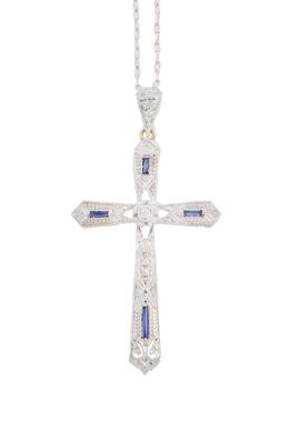 343.  Cruz colgante Art-Decó de brillantes y zafiros talla baguette, con cadena fina