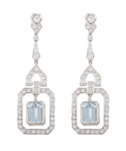 350.  Pendientes largos estilo Art-Decó de brillantes y aguamarinas