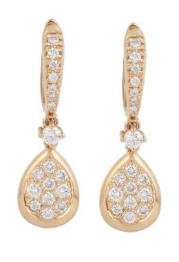 190.  Pendientes largos media criolla de brillantes, chatón de brillante y lágrima de pavé de brillantes