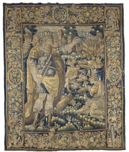 617.  Tapiz en lana con escena narrativa, enmarcado por cenefa de flores.Trabajo de Aubusson, Francia, S. XVIII.