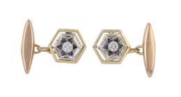 92.   Gemelos Art-Decó hexagonales con flor central de diamantes y zafiros calibrados