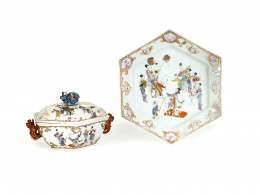 1147.  Sopera y fuente de perfil hexagonal Trabajo chino para la exportación, dinastía Qing, Periodo Qianlong, S. XVIII. 