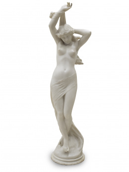1306.  Pietro Barzanti (1842-1881). “Psiqué”. Escultura femenina desnuda, de pie sobre zocalo circular en mármol blanco italiano..