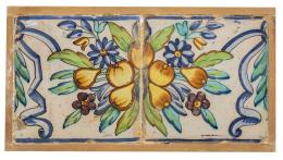 722.  Panel de dos azulejos de cerámica esmaltada en manganeso, azul, verde, amarillo y ocre decorado con flores, frutos y cintas.Valencia, S. XVIII.