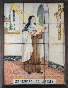 1276.  Felipe Verdiá Gálver (Onda 1860-1930). Fimado: "F.Verdiá".Panel de doce azulejos de cerámica esmaltada con Santa Teresa de Jesús.