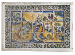 1054.  San Pedro.Panel de azulejos de cerámica esmaltada, en ocres, manganeso, azul y verde.España, S. XVIII.