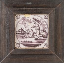 1309.  "Tobías y el Ángel"Azulejo de cerámica esmaltada.Holanda, S. XVIII.