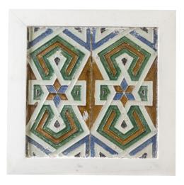 1130.  Dos azulejos de tabla con la técnica de arista de cerámica esmaltada en ocre, verde, azul y melado con lacerías y estrella.Sevilla, S. XVII.
