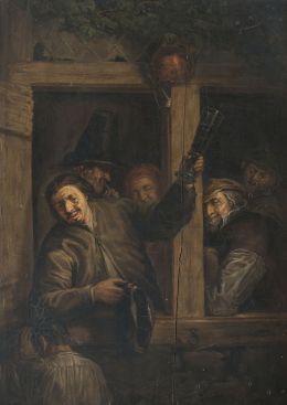 793.  SEGÚN JAN STEEN (1626-1679)Bebedores y fumadores asomados en la ventana de una taberna