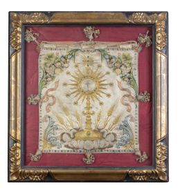 1203.  Custodia.Repostero en seda bordada con hilos de color.España, S. XVIII.