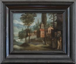 786.  ESCUELA FLAMENCA, H. 1700Santo ermitaño, San Ciomus?, sobre un paisaje