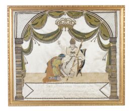 1428.  Bordado "a pintura" con hilos de color, hilos metálicos y papel grabado y policromado sobre seda.Con leyenda: San Ambrosio Obispo. Por Maria del Carmen Paternina y Arias. Colegio de la Soledad de Vergara año 1850.